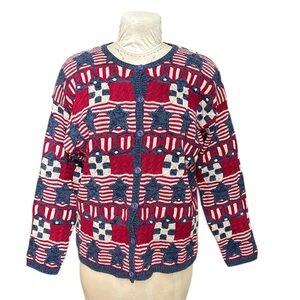 Vintage Talbots Patriotic‎ American Flag Cardigan Embroidered Red White Blue L
